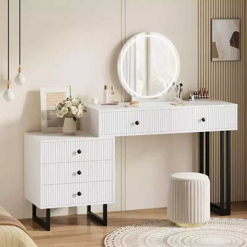 Scrivania trucco illuminata bianca con specchio, 5 cassetti, singolo
