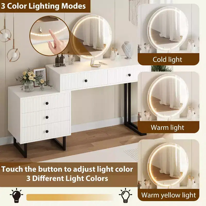 Scrivania trucco illuminata bianca con specchio, 5 cassetti, singolo