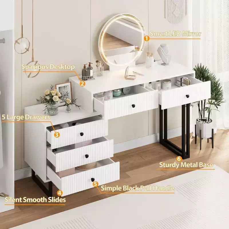 Scrivania trucco illuminata bianca con specchio, 5 cassetti, singolo