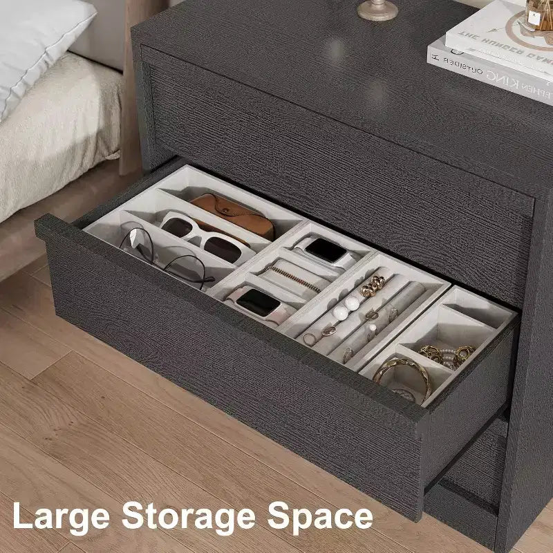 Comodino singolo moderno nero a 3 cassetti