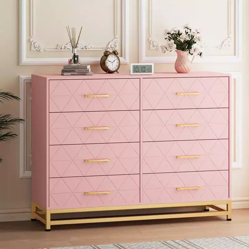 8 Drawer Modern Wood Dresser with Gold Handles, Wooden Chest of Drawers, Wood Closet Clothes Storage Organizer for Bedroom & Living Room