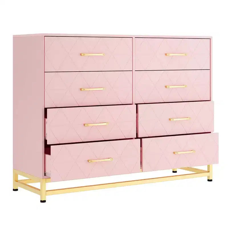 Cassettiera a 8 cassetti in legno naturale e oro, stile moderno, monoposto