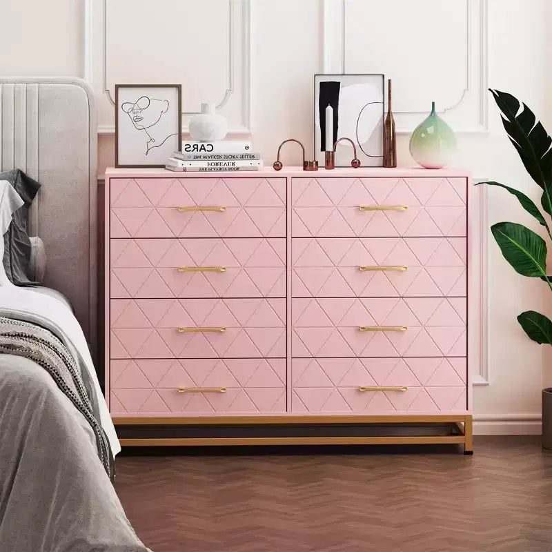 Cassettiera a 8 cassetti in legno naturale e oro, stile moderno, monoposto