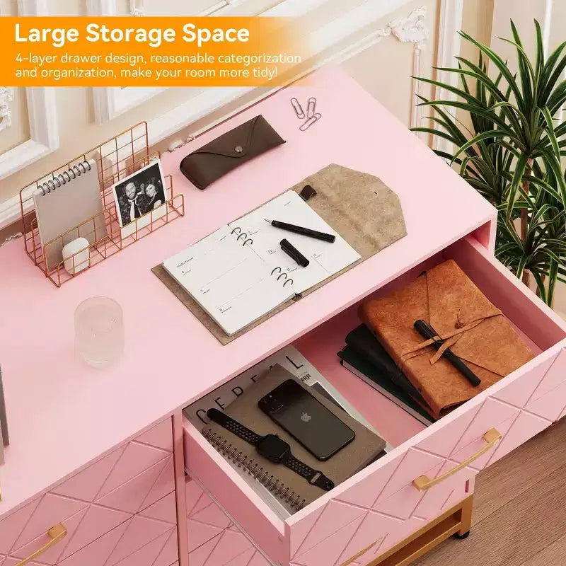 Cassettiera a 8 cassetti in legno naturale e oro, stile moderno, monoposto