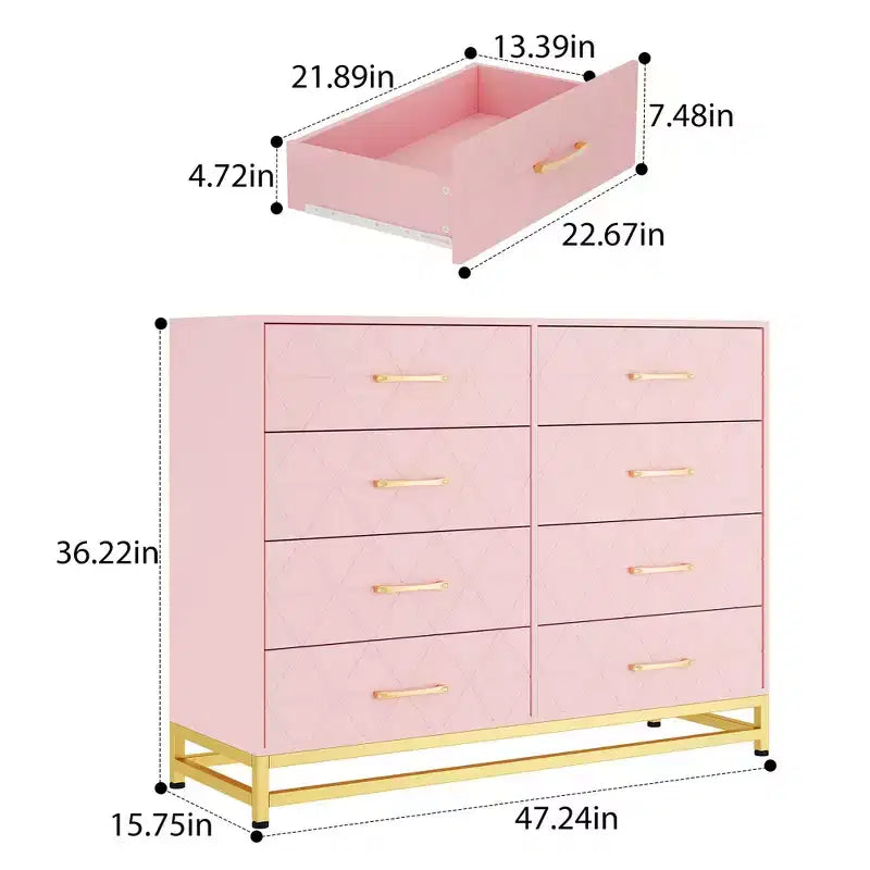 Cassettiera a 8 cassetti in legno naturale e oro, stile moderno, monoposto