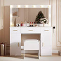 Vanity Desk Set with Large Lighted Mirror, 3 Drawers & 2 Cabinets, Built-in Hair Dryer Rack Storage Stool, Dressing Table for Bedroom