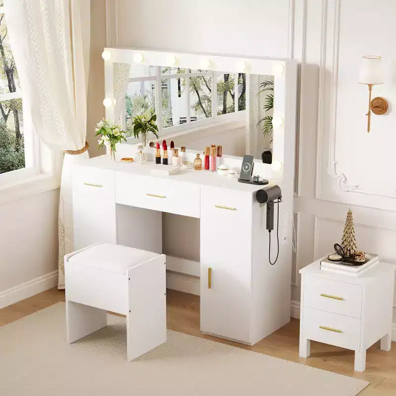 Set scrivania da trucco con specchio illuminato a LED bianco, singolo, 3 cassetti e 2 armadietti