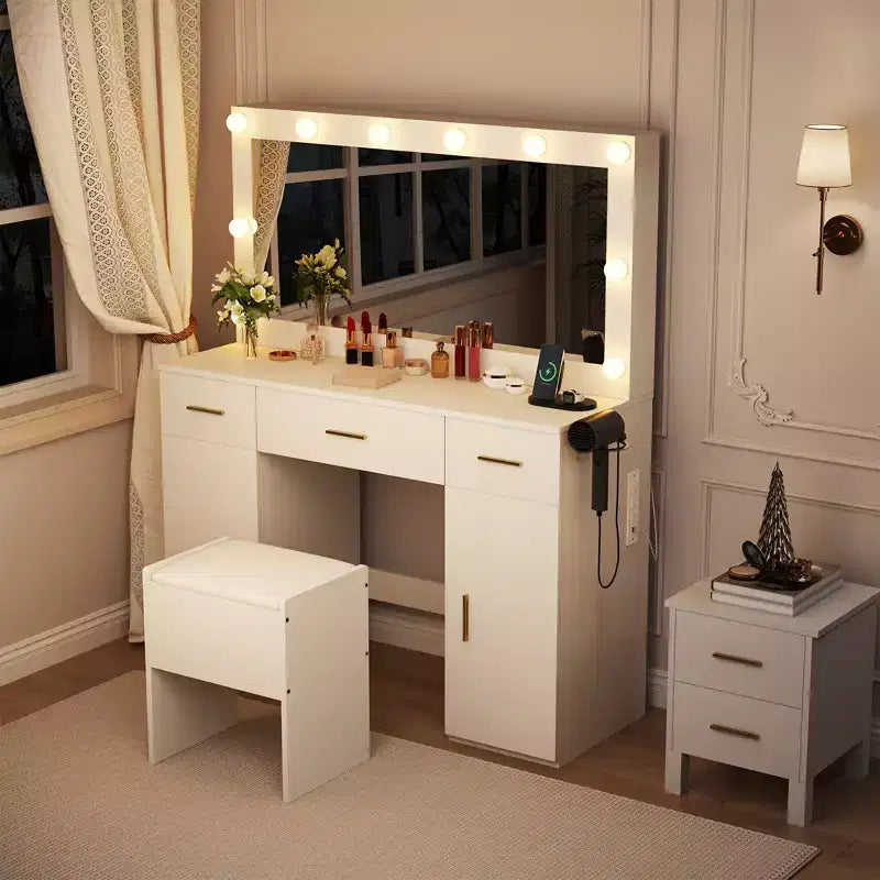 Set scrivania da trucco con specchio illuminato a LED bianco, singolo, 3 cassetti e 2 armadietti