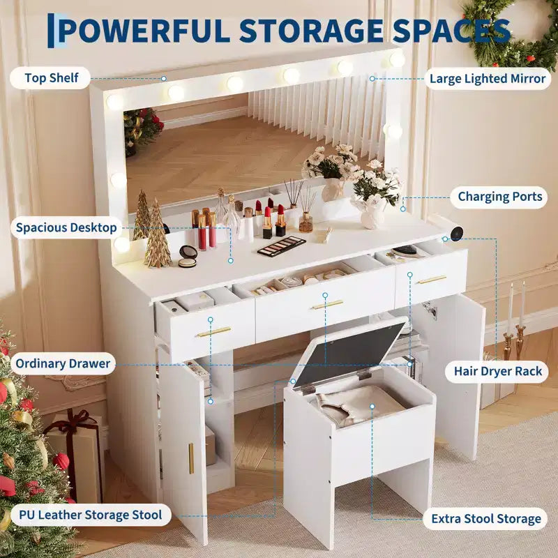 Set scrivania da trucco con specchio illuminato a LED bianco, singolo, 3 cassetti e 2 armadietti