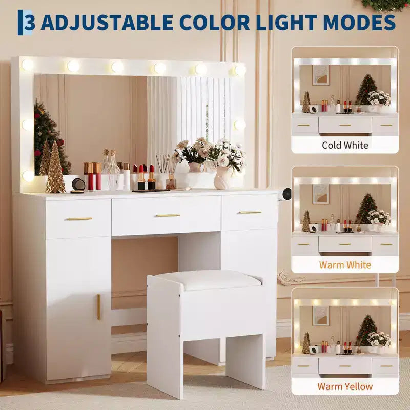 Set scrivania da trucco con specchio illuminato a LED bianco, singolo, 3 cassetti e 2 armadietti