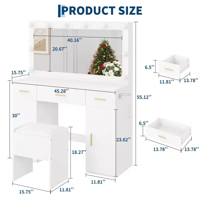 Set scrivania da trucco con specchio illuminato a LED bianco, singolo, 3 cassetti e 2 armadietti