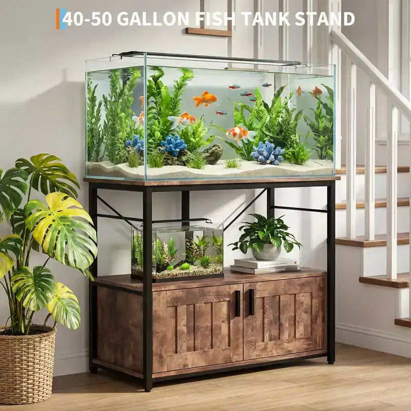 Supporto per acquario in metallo e legno nero/marrone/grigio – Montaggio a 2 persone, adatto a 150-190 L