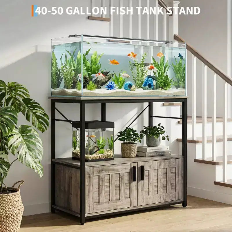 Supporto per acquario in metallo e legno nero/marrone/grigio – Montaggio a 2 persone, adatto a 150-190 L