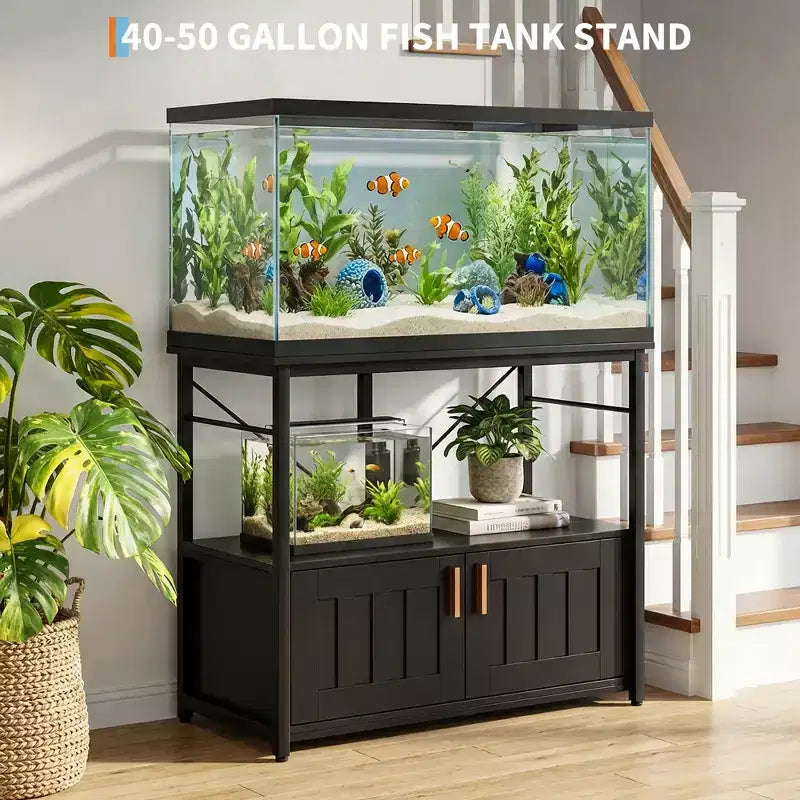 Supporto per acquario in metallo e legno nero/marrone/grigio – Montaggio a 2 persone, adatto a 150-190 L