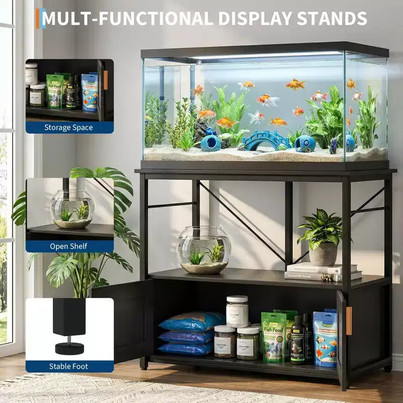 Supporto per acquario in metallo e legno nero/marrone/grigio – Montaggio a 2 persone, adatto a 150-190 L