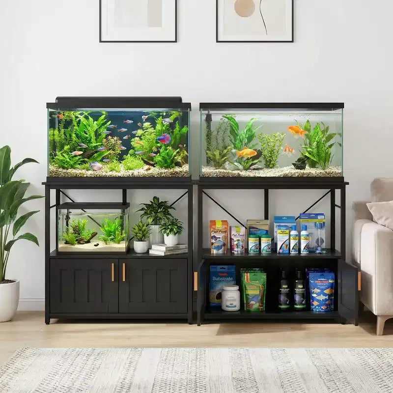 Supporto per acquario in metallo e legno nero/marrone/grigio – Montaggio a 2 persone, adatto a 150-190 L