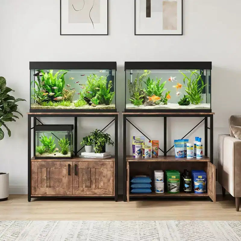 Supporto per acquario in metallo e legno nero/marrone/grigio – Montaggio a 2 persone, adatto a 150-190 L