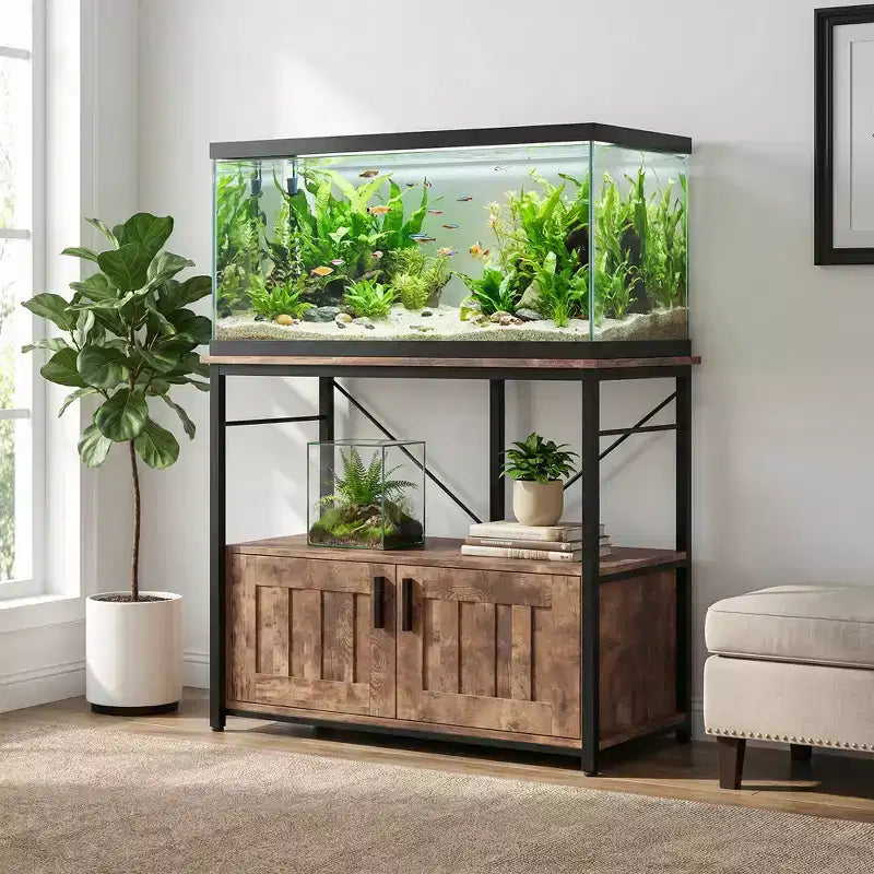 Supporto per acquario in metallo e legno nero/marrone/grigio – Montaggio a 2 persone, adatto a 150-190 L