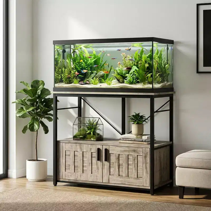 Supporto per acquario in metallo e legno nero/marrone/grigio – Montaggio a 2 persone, adatto a 150-190 L