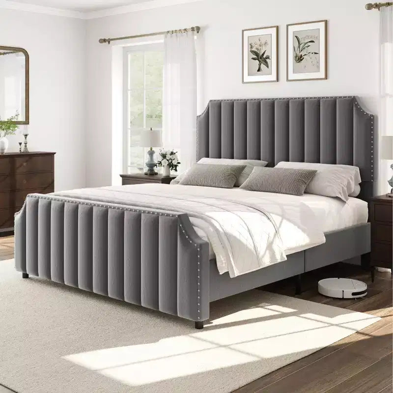 Giroletto in velluto beige/grigio Queen Size – Imbottito, per 1 persona
