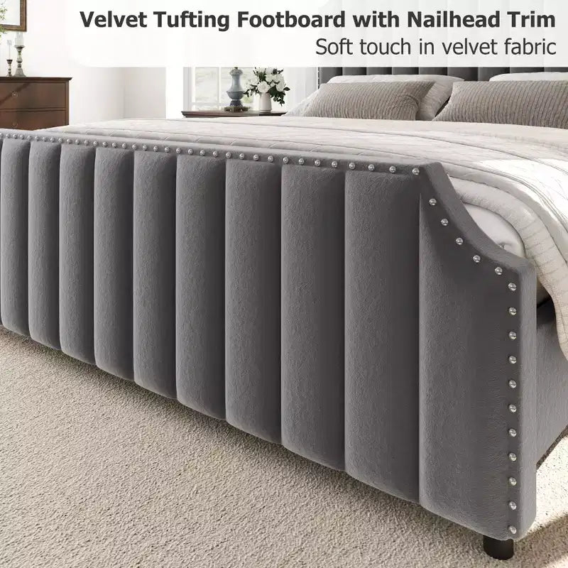 Giroletto in velluto beige/grigio Queen Size – Imbottito, per 1 persona