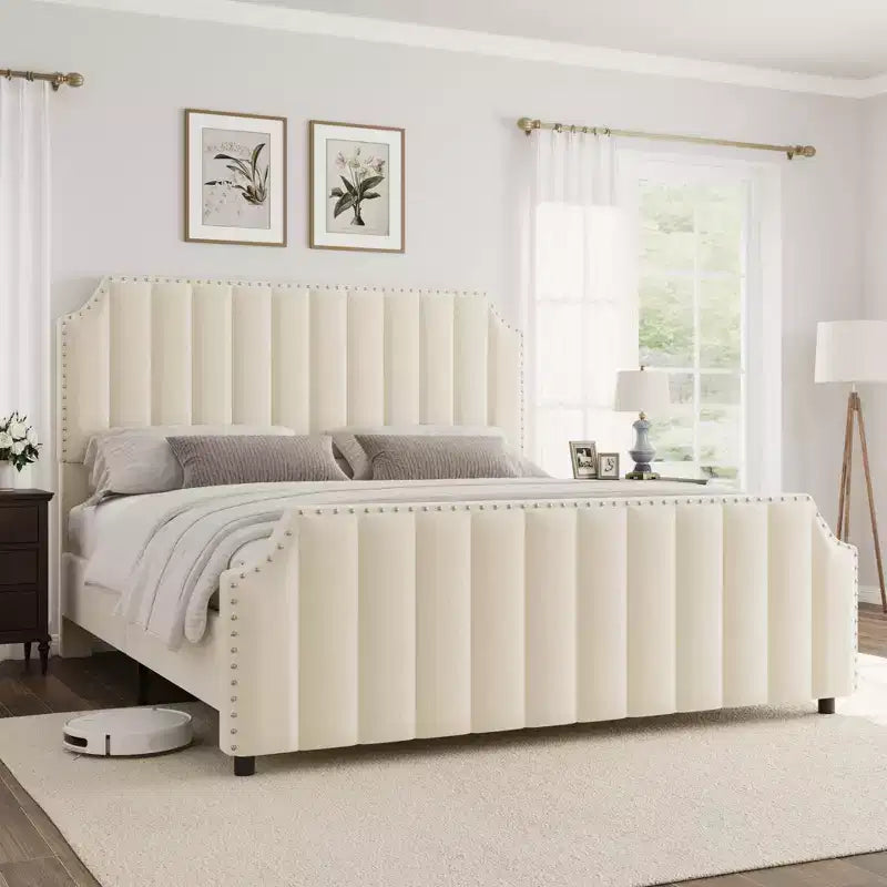 Giroletto in velluto beige/grigio Queen Size – Imbottito, per 1 persona