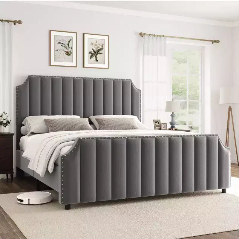 Giroletto in velluto beige/grigio Queen Size – Imbottito, per 1 persona