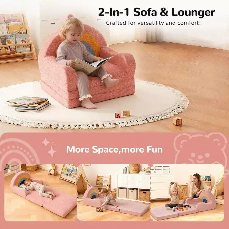 Divano e Lettino Convertibile 2-in-1 per Bambini, Orso/Arcobaleno, 1 Posto