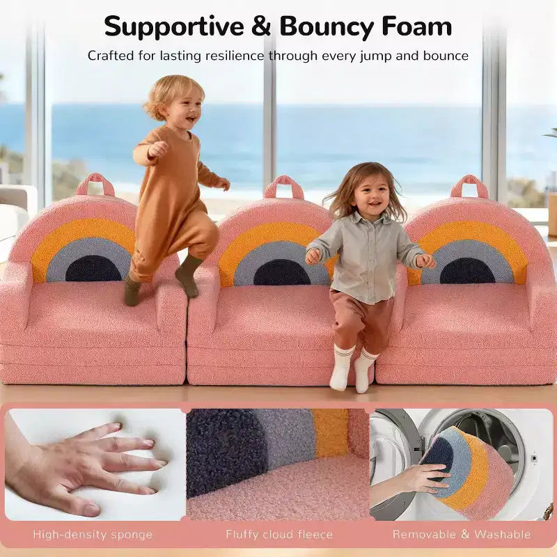Divano e Lettino Convertibile 2-in-1 per Bambini, Orso/Arcobaleno, 1 Posto