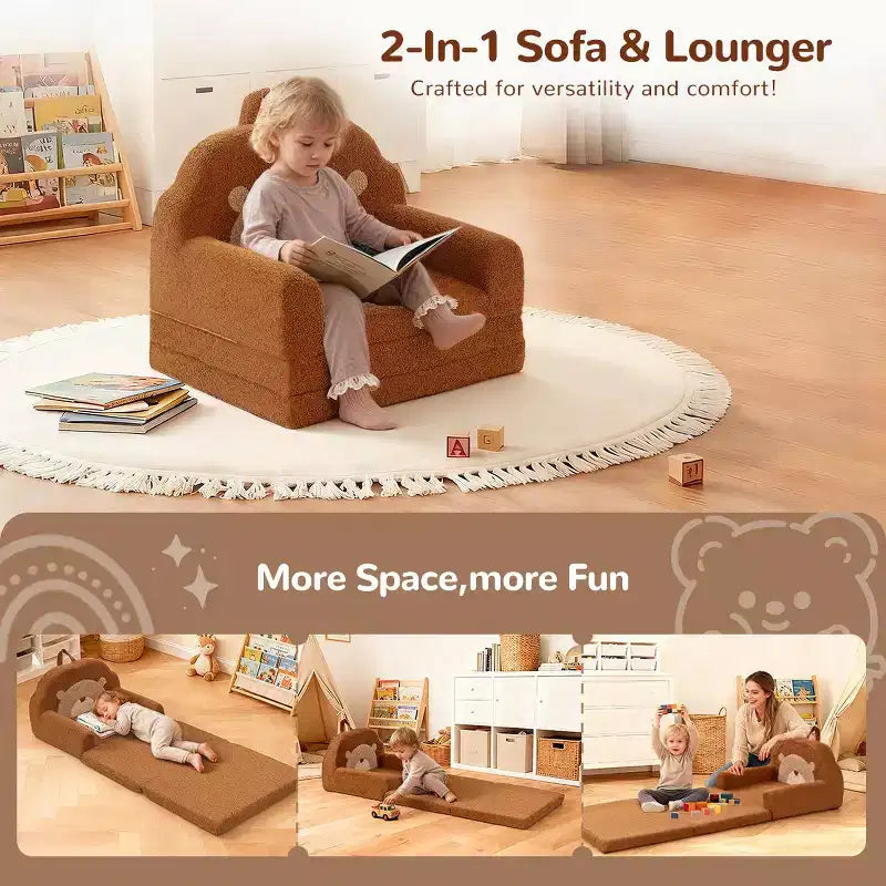 Divano e Lettino Convertibile 2-in-1 per Bambini, Orso/Arcobaleno, 1 Posto
