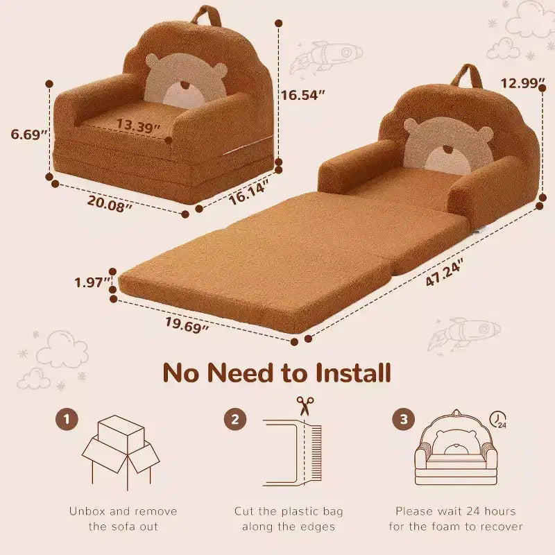 Divano e Lettino Convertibile 2-in-1 per Bambini, Orso/Arcobaleno, 1 Posto