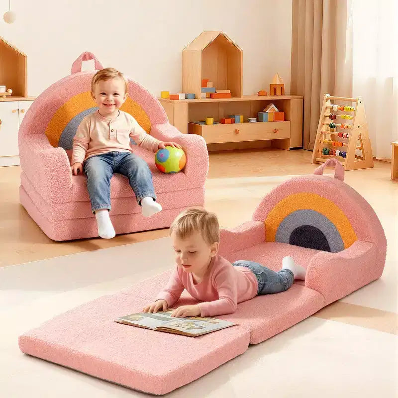 Divano e Lettino Convertibile 2-in-1 per Bambini, Orso/Arcobaleno, 1 Posto