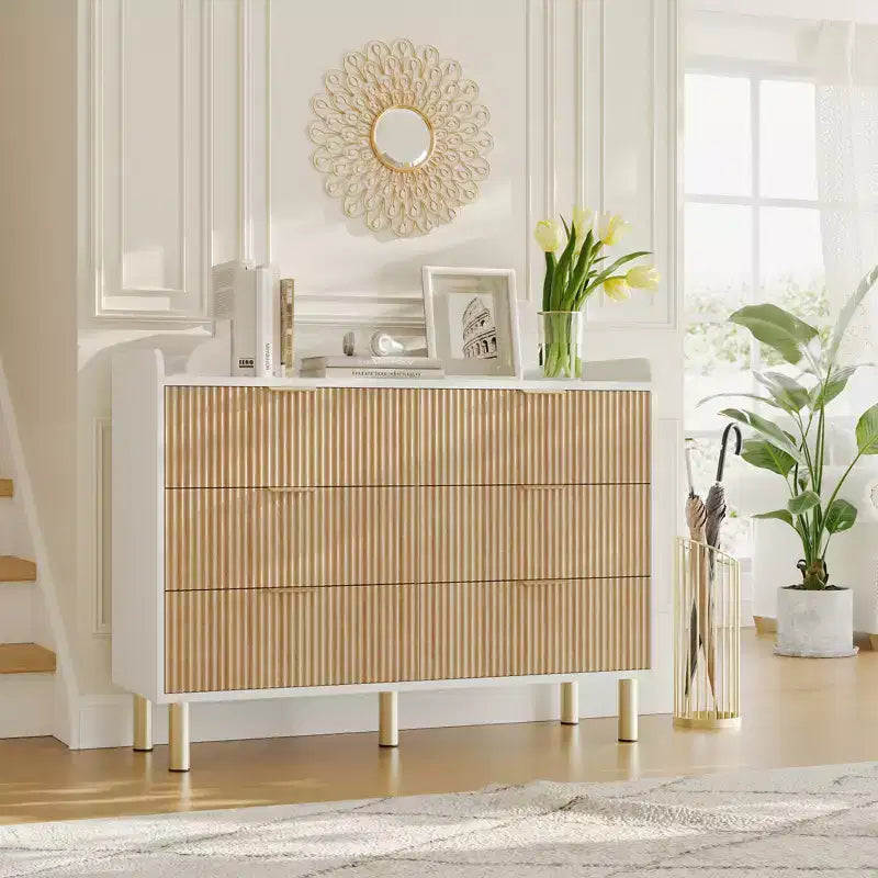 47.2 Modern Fluted Wood Double Dresser, Curved Design with Metal Handles, Wide Storage Organizer Cabinet for Bedroom & Living Room