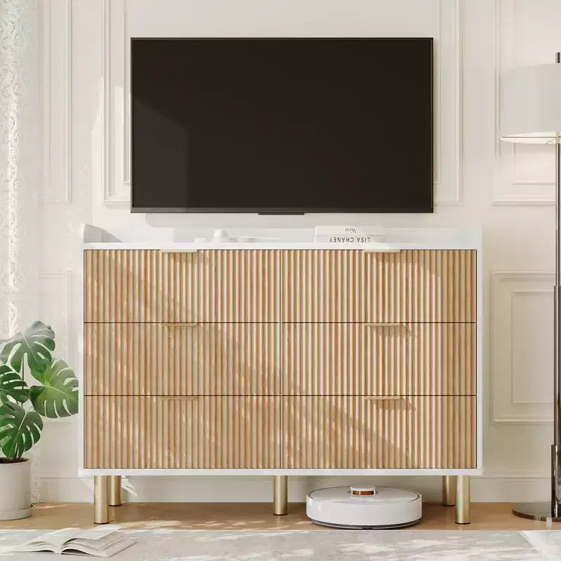 Cassettiera doppia con 6 cassetti in legno scanalato marrone, 1 persona
