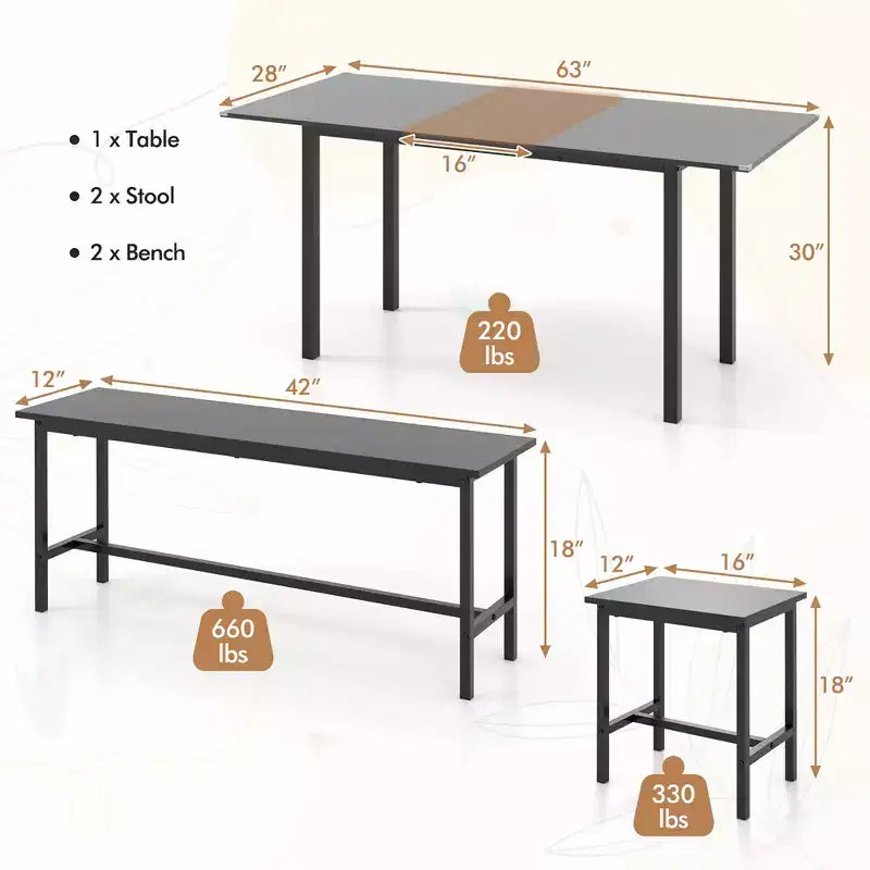 Set tavolo da pranzo rettangolare nero, 5 pezzi, 4-8 posti a sedere