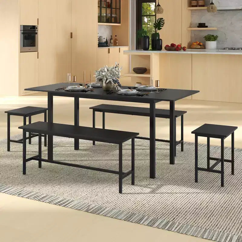 Set tavolo da pranzo rettangolare nero, 5 pezzi, 4-8 posti a sedere