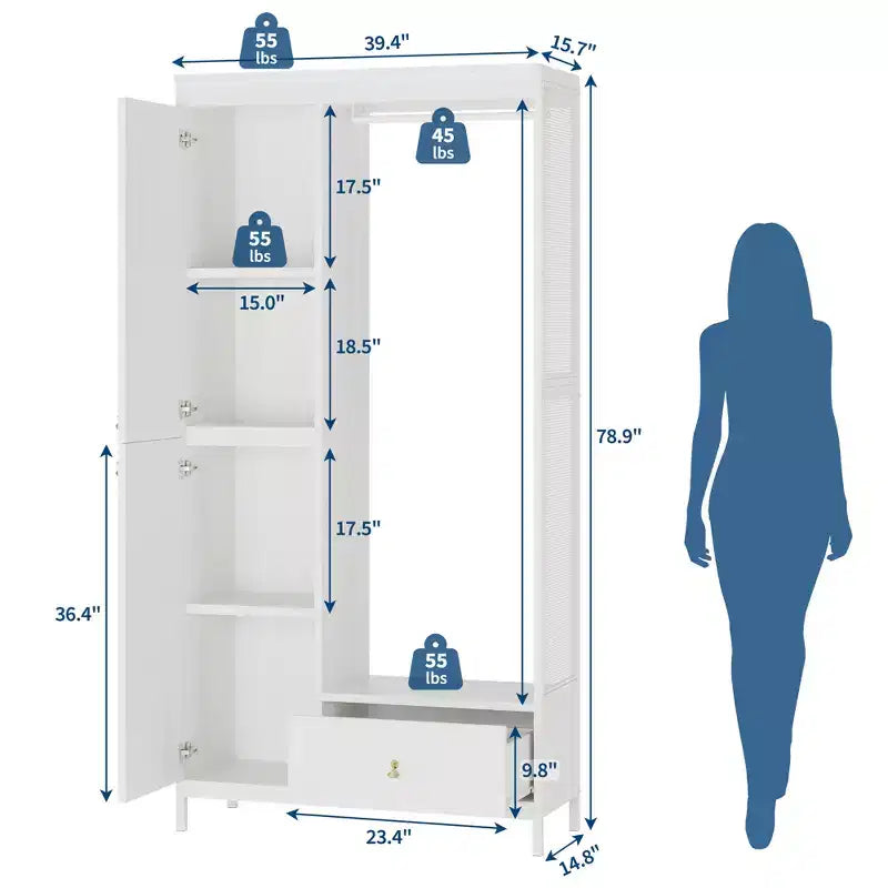 Armadio autoportante nero/bianco/legno con ripiani, asta appendiabiti e cassetto – 1 persona