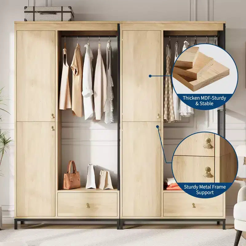 Armadio autoportante nero/bianco/legno con ripiani, asta appendiabiti e cassetto – 1 persona