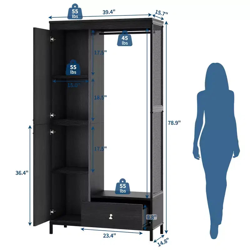 Armadio autoportante nero/bianco/legno con ripiani, asta appendiabiti e cassetto – 1 persona