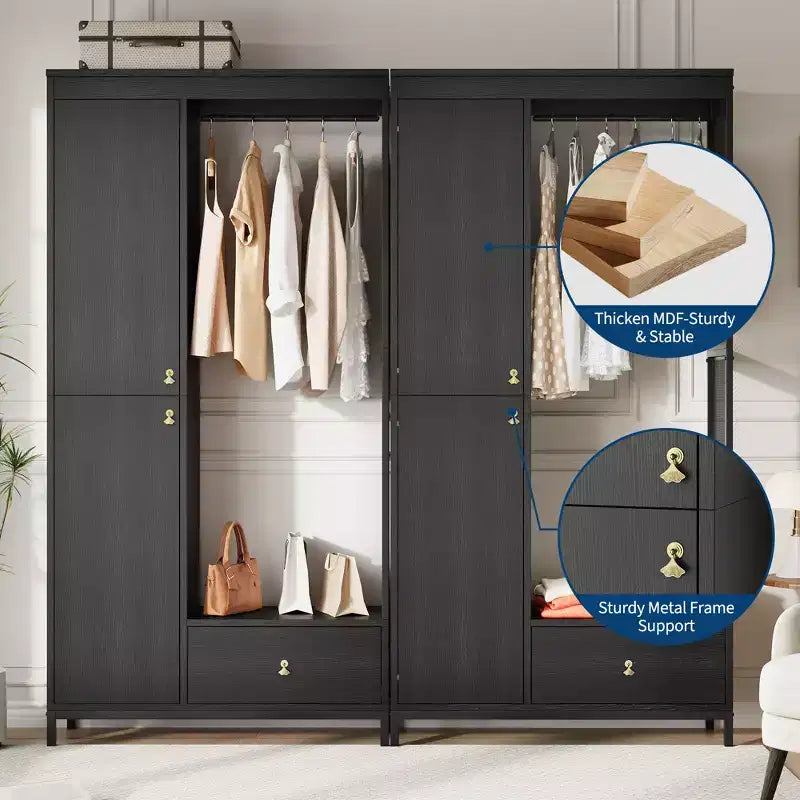 Armadio autoportante nero/bianco/legno con ripiani, asta appendiabiti e cassetto – 1 persona