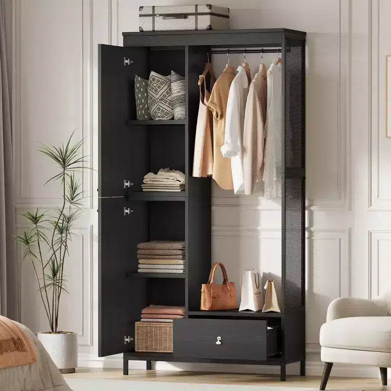 Armadio autoportante nero/bianco/legno con ripiani, asta appendiabiti e cassetto – 1 persona