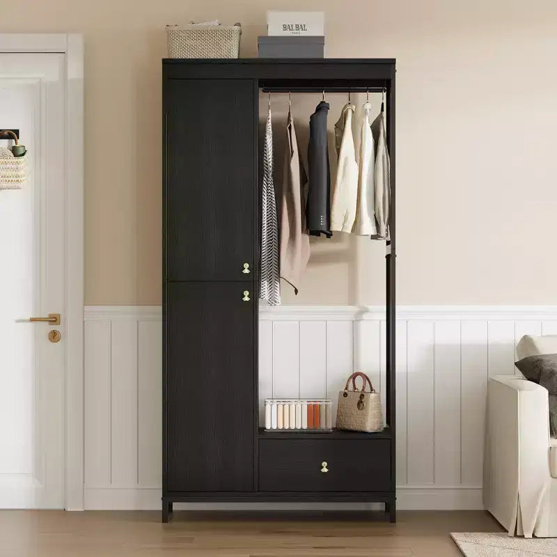 Freestanding Closet Organizer with Shelves and Hanging Rod, Modern Metal Wardrobe Rack with Mesh Side & Drawer
