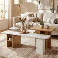 FurnitureR Modern 2-Tier Coffee Table with Elevated Work Surface, White and Oak Finish Living Room Table with Open Storage
