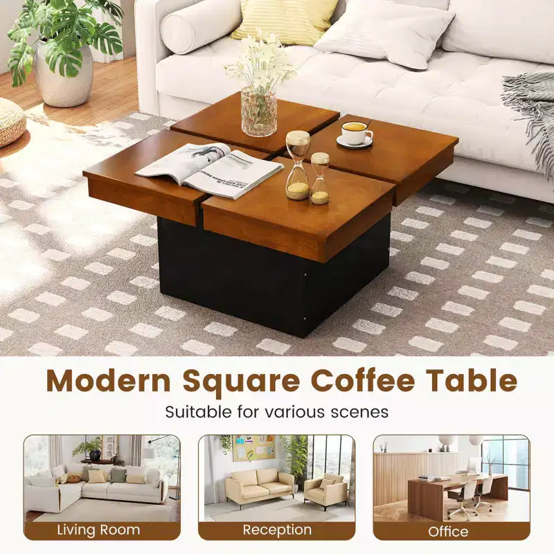 Tavolino da Caffè Quadrato, Noce e Nero, Top in Legno Impiallacciato, 1 Posto