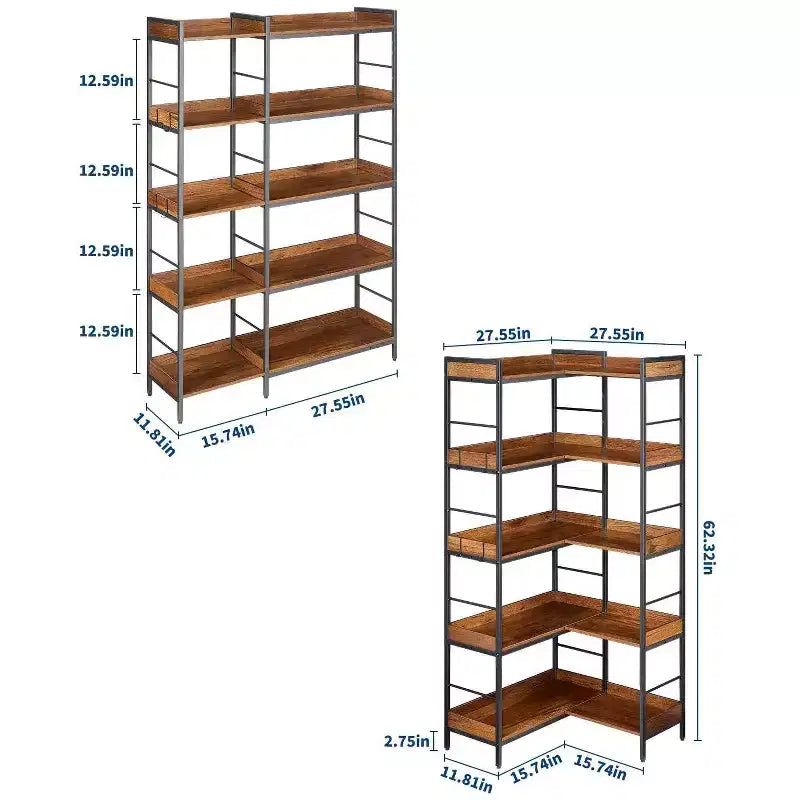 Libreria angolare a 5 ripiani marrone, a L o verticale, struttura in metallo, montaggio da 1 persona