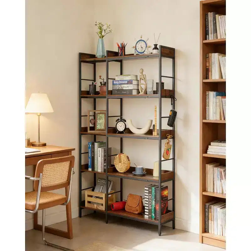 Libreria angolare a 5 ripiani marrone, a L o verticale, struttura in metallo, montaggio da 1 persona