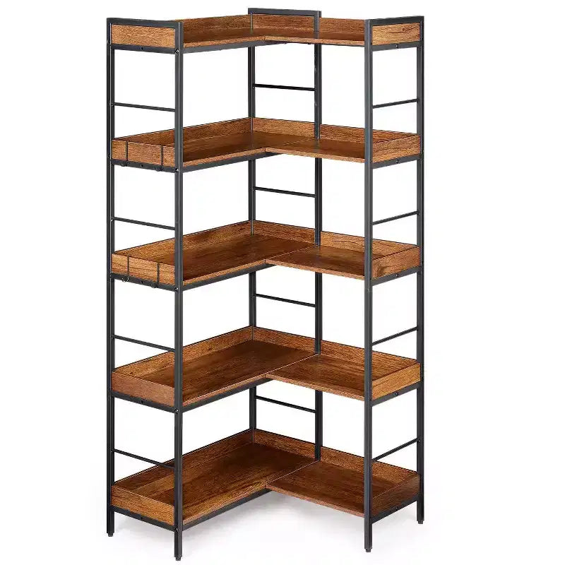 Libreria angolare a 5 ripiani marrone, a L o verticale, struttura in metallo, montaggio da 1 persona
