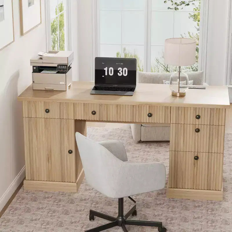 Scrivania direzionale White+Brown / in legno scanalato con schedario e cassetti – 1 Persona