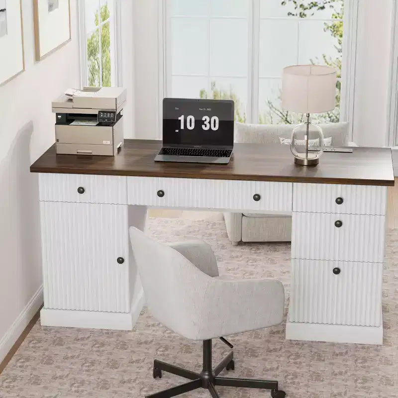 Scrivania direzionale White+Brown / in legno scanalato con schedario e cassetti – 1 Persona