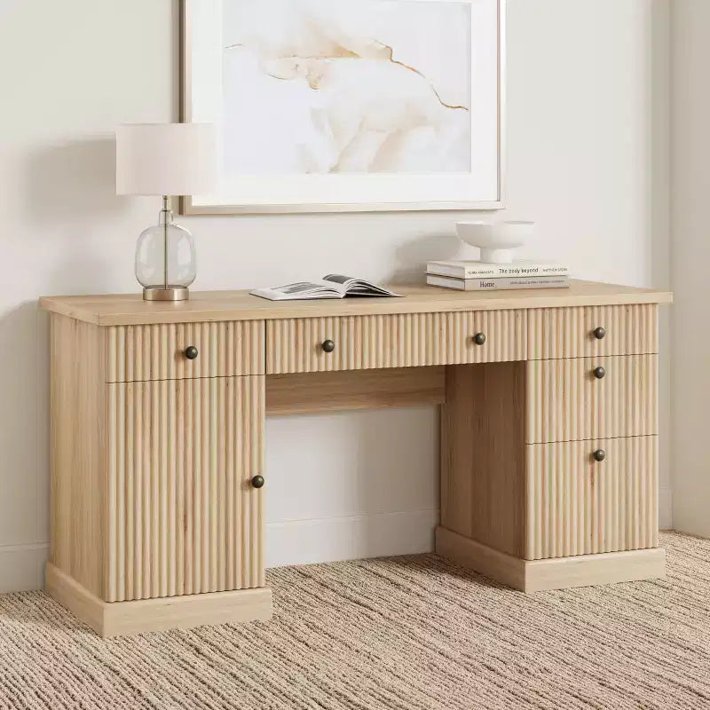 Scrivania direzionale White+Brown / in legno scanalato con schedario e cassetti – 1 Persona